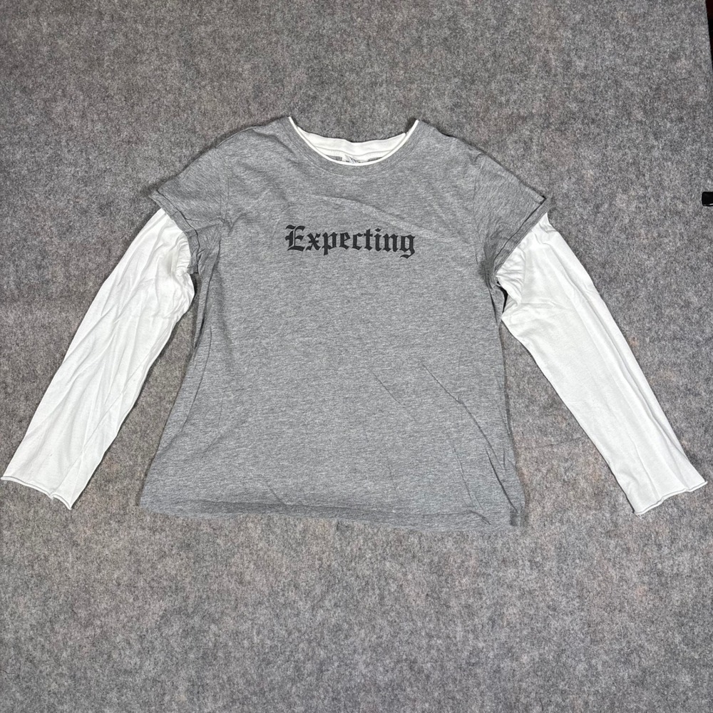 Mimi Maternity Expecting Tee Womens L Gray Layered Long Sleeve Gothic Y2K VTG